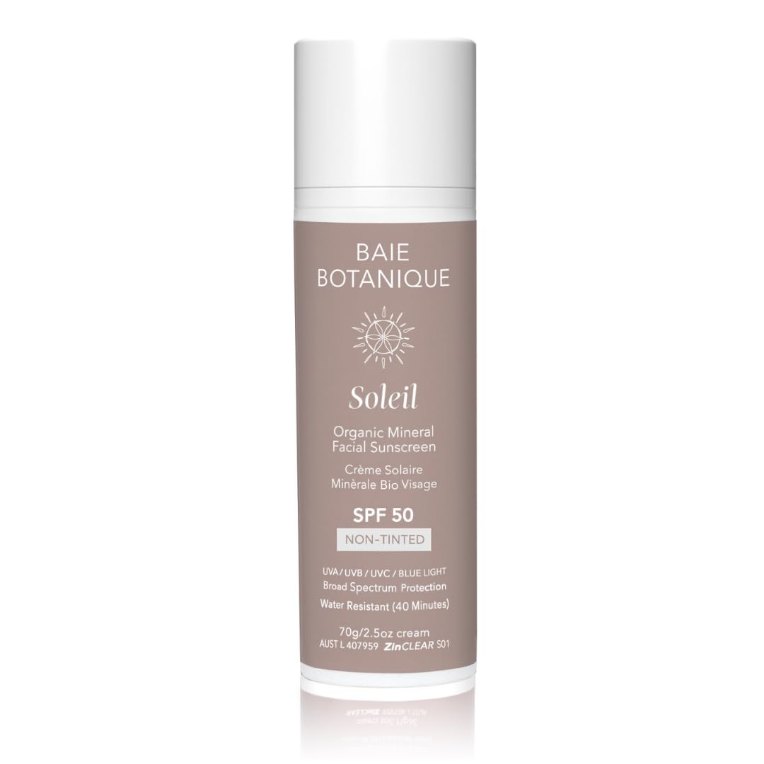 NEW SIZE – Baie Botanique Soleil Organic Facial Sunscreen SPF 50 – Mineral, Chemical Filter Free – With Hyaluronic Acid & Vitamin C – Vegan – Fragrance Free – Broad Spectrum UVA/UVB – 70g