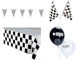 Racing Decorations Party Pack Bundle Black & White Checkered (Tablecover, 100 ft Pennant Banner, Racing Finish Line flags & Balloons)