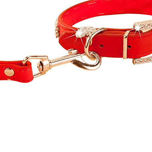 Bling Rhinestone PU Leather and Crystal Diamond Puppy Collar for Pet Dog Cat Collar with leash (XS, Red) - Thumbnail 2