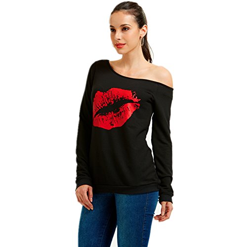 MAGICMK Women's Sexy Pullover Lips Print Casual Off The Shoulder Slouchy Shirt (L, Black+Red) - Thumbnail 2