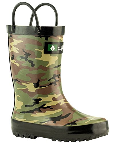 Oakiwear Kids Rubber Rain Boots With Easy-On Handles, Army Camo, 11T US Toddler