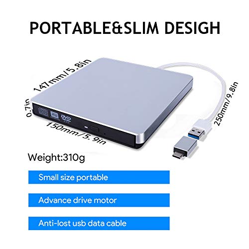 Guamar External CD DVD Drive USB3.0 USB C Superdrive External CD DVD+/- RW Burner Writer Optical Drive Compatible with Mac/MacBook Pro/Air/iMac/Laptop/Windows10 - Thumbnail 3
