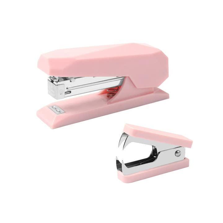 Pink Stapler Staples Remover Set Plastic Diamod Shape Shell Desktop Manual Stapler 20 Sheets Capacity and Plastic Body Metal Jaws Staple Remover Stapling Tool for Stationery Accessories Organizer