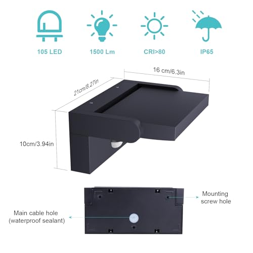 Klighten 24W LED Outdoor / Indoor Wall Light with Motion Sensor, IP65 Adjustable Wall Lamps Aluminium for Gardens Entrance Terrace, Anthracite, Neutral White 4000K