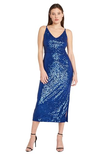Donna Morgan Sequin V-Neck Spaghetti Strap Midi Dress with High Slit