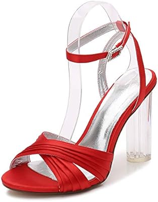 red satin block heels