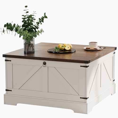 ChooChoo Farmhouse Coffee Table with Hidden Storage, Large Square Center Coffee Table with Lifting Top and Flip Drawer, Wood Rustic Cocktail Coffee Table for Living Room, Soft White