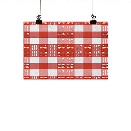 MartinDecor Checkered Art Oil Paintings Cutlery Silhouettes on Squares Dining Picnic Tile Spoons Forks Knives Canvas Prints for Home Decorations 35"x24" Coral Dark Coral White