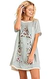 Umgee Women'S Casual Style Bohemian Embroidered Short Sleeve Poly Cotton Dress Or Tunic (S, Blue)