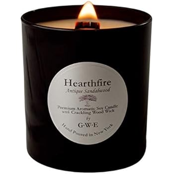 GWE HEARTHFIRE Sandalwood Soy Candle w/Crackling ASMR Wood Wick - Dark Sweet Creamy Antique Sandalwood Scent Aromatherapy - Premium Soy Wax & All Natural Oils - Hand Poured in Glossy Black Jar