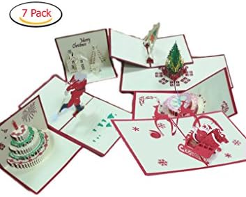 3D Christmas Greeting Cards Xmas/New Year/Birthday boxed 7 Pack Holiday Pop Up Santa Cake Cards (Christmas Santa & Cake (Red))