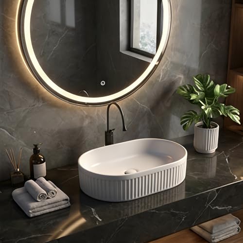 Lavabo Ovalado de Cerámica para Baño, 50 x 32 cm, Blanco, con Desagüe | Cerámica Blanca, Montaje Sobre Encimera, Desagüe Automático, Manguera de Desagüe Incluida para Baño para Baños Hoteles