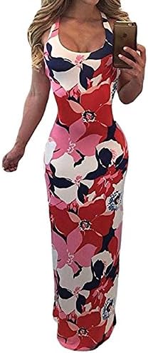 LiMiCao Women's Sleeveless Boho Floral Print Crisscross Back Maxi Long Dress