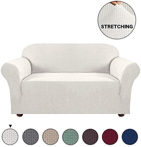TurquoizeStretch Sofa Slipcover Loveseat Cover Couch Covers for 2 Cushion Couch 1 Piece Sofa Slipcover for Living Room with Jacquard Fabric and Elastic Bottom Furniture Protector(Loveseat, Off White)