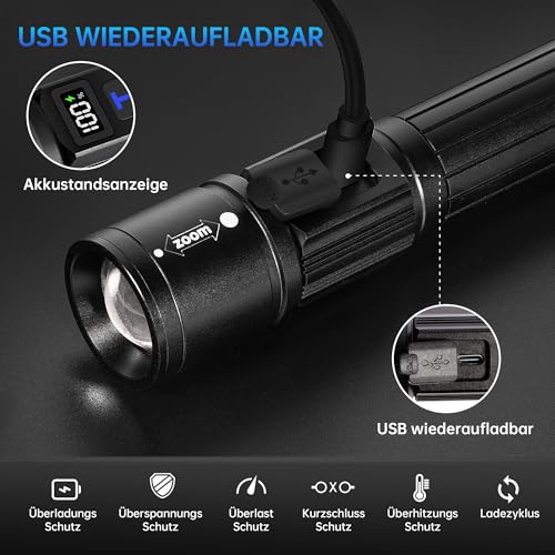 LED Rechargeable Torch Pack of 2, USB-C, Zoom, IPX6, LCD Display, 5 Modes | Extremely bright, 5 modes and zoomable, tactical with LCD display, waterproof, for camping, outdoor, survival, emergency