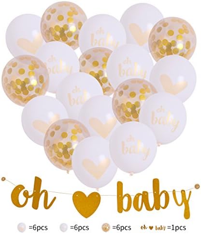 Baby Shower Decoration Ballons Set 18 Pcs Latex Ballon Bright Gold Confetti Ribbon Strung Banner (OH BABY) Kit Hang on Wall Glitter Unisex Pregnancy Announcement Gender Reveal Party(baby shower)