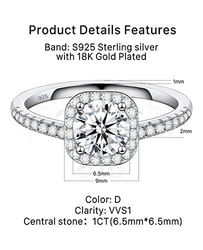 FCINOS Moissanite Engagement Rings, S925 Sterling Silver Wedding Rings Bridal Rings Set for Women, 18K White Gold Plated Halo Eternity Promise Ring 1CT D Color