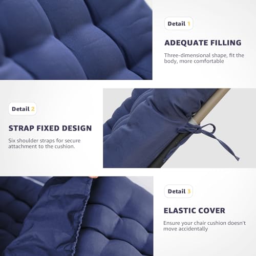widesmile Sun Lounger Cushion Waterproof 180 x 55 x 10 cm Thickened Garden Recliner Chair Cushion with Ties & Non-Slip Back, Indoor Outdoor Soft Sunlounger Cushions Cotton Inner (Blue)