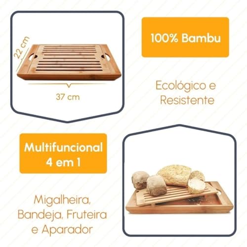 Migalheira Tábua de Pão em Bambu 36x22cm Bandeja com Coletor de Migalhas