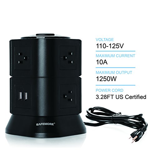 Power Strip with 7 Multiple Plug Outlets 2 USB Ports Tower Surge Protector Desktop Power USB Charging Station for Home & Office (Black)-SAFEMORE - Thumbnail 2