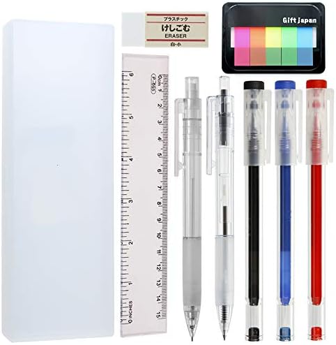 THE MODERN MUJI STATIONARY FULL SET OF DISAPPEARABLE NEEDLE BALL POINT BLACK,BLUE,RED 0.4MM, A 0.5 MM MECHANICAL PENCIL, A 0.7MM BALL POINT PEN A 6 INCH RULE, AN ORIGINAL STICKY NOTE