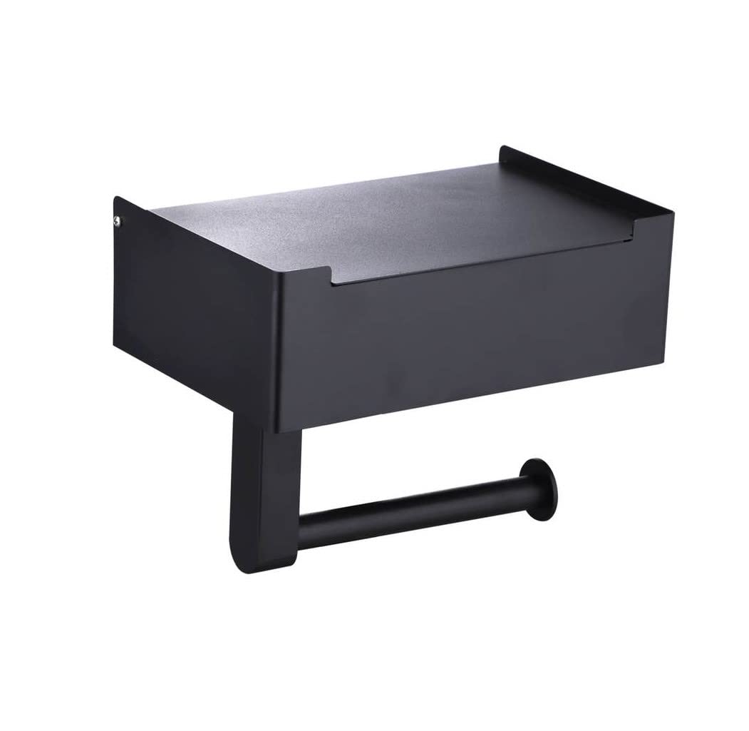 Black Toilet Roll Holder With Storage/Shelf | Flushable Baby Wipes Storage Box | Bathroom Wet Wipe Box Loo Roll Holder Steel Wall Mounted Bathroom Organizer | Large Size, Modern & Clean Design