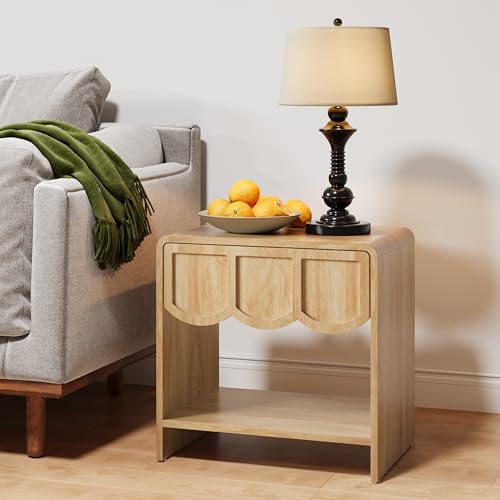 Night Stand Set of 2, Mid Century Modern Farmhouse Wood Nightstand with Wave Panel Drawer, Bed Side End Table for Small Space, Living Room - Natural
