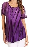 Sakkas 17782 - Siri Ombre Tie Dye Embroidered Sheer Cap Sleeve Relaxed Fit Tunic Top - 2-Purple - OS
