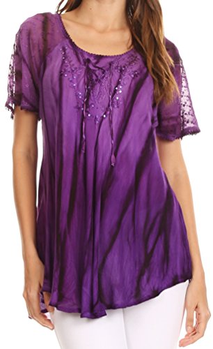 Sakkas 17782 - Siri Ombre Tie Dye Embroidered Sheer Cap Sleeve Relaxed Fit Tunic Top - 2-Purple - OS