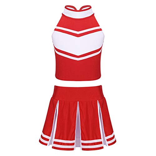 winying Girls 2PCS Cheerleading Costume Sleeveless Top with Knife Pleated Mini Skirt Outfit Set Red+White 6 (S)