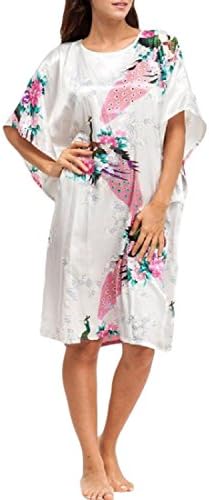 Mascoo Women's Long Floral Print Satin Bathrobe Pajamas Sleepwear White Freesize