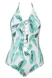 Cupshe Fashion Women's Leaves Printing Lace Up Halter One Piece Swimsuit, Green