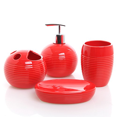 MyGift 4 Piece Red Ceramic Full Bathroom Accessory Set Toothbrush