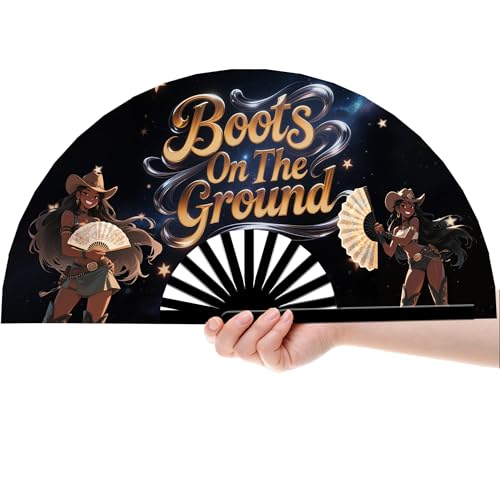 AYTHSRIC 13 In Line Dance Popping Fans, Boots on The Ground Hand Fan, Where Them Fans At Clack Fan, Western Hand Fan for Dance, Party, Decoration, Festival, Large Festival Folding Fan (Style5)