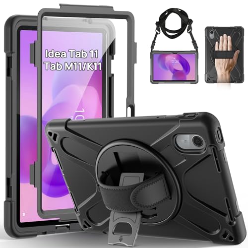 Gerutek Anti-Drop Case for Lenovo Idea Tab 11 Inch 2025/Tab K11 Gen 2/Tab M11/Xiaoxin Pad 11", Rugged Case with Screen Protector, Rotating Stand, Hand/Shoulder Strap, Pencil Holder, Black