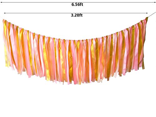 Kingsnow Fabric Garland Backdrop, Pink, White and Glitter Gold Ribbon Bunting Fabric Garland Banner for First Birthday Decoration, Cake Table Rustic Wedding, Party Decor, Nursery Room Wall Decoration