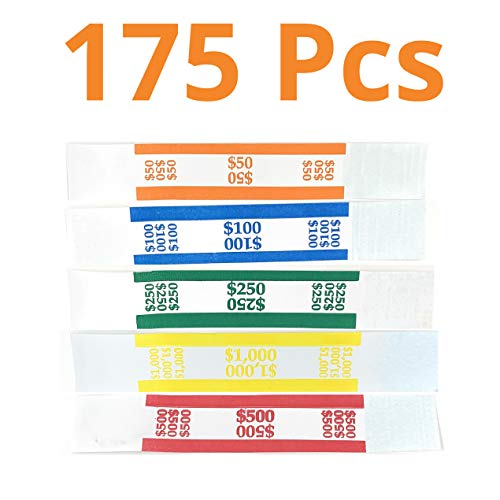 Money Bands Currency Sleeves Straps - Made in USA (Pack of 175) Self-Adhesive Assorted Money Wrappers for Bills Color Coded Wraps Meets ABA Standards, 7.5 x 1.25 inches - Counter Recyclable Kraft Pape
