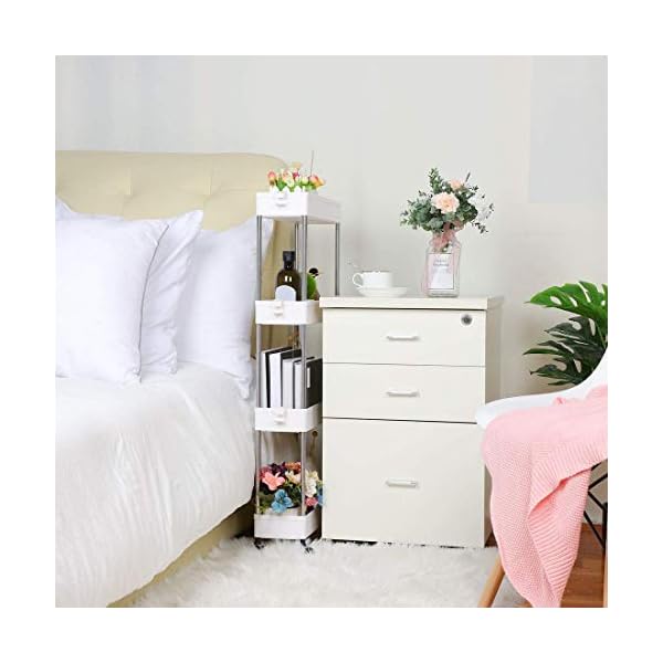 SPACEKEEPER-Storage-Trolley-4-Tier-Slim-Storage-Cart-Slide-Out-Rolling-Utility-Cart-Mobile-Shelving-Unit-Trolley-Organizer-Cart-for-Kitchen-Bathroom-Laundry-Office-Plastic-Stainless-Steel-White SPACEKEEPER Storage Trolley 4-Tier Slim Storage Cart Slide Out Rolling Utility Cart Mobile Shelving Unit Trolley…