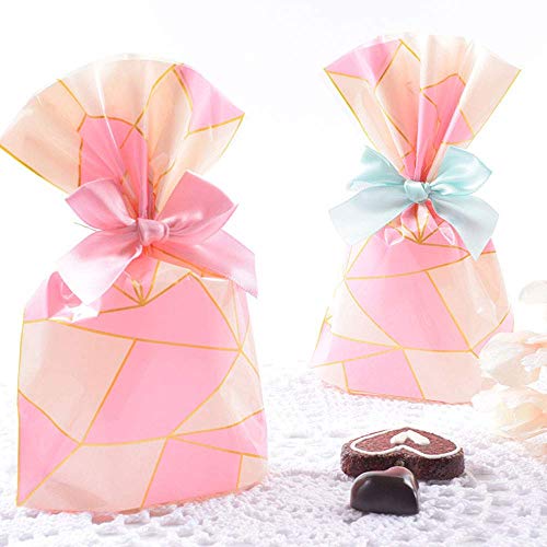 Woparty 100 Pack Clear Cello Bags 7.8x5.5x2.3 inch for Plastic Favor cellophane Treat Cookie Bags,Pink Geometric with Gold Twist Ties