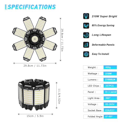 LAMLAMCK Garage Lamp 210W – 6 Pieces 21000LM 6500K Super Bright LED Garage Light with 8+1 Adjustable Panel, E26/E27 Sockets LED Lighting for Garage, Warehouse, Basement, Workshop and Storage Room