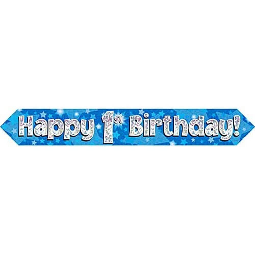 9ft Banner Happy 1st Birthday Blue Foil Holographic Banner