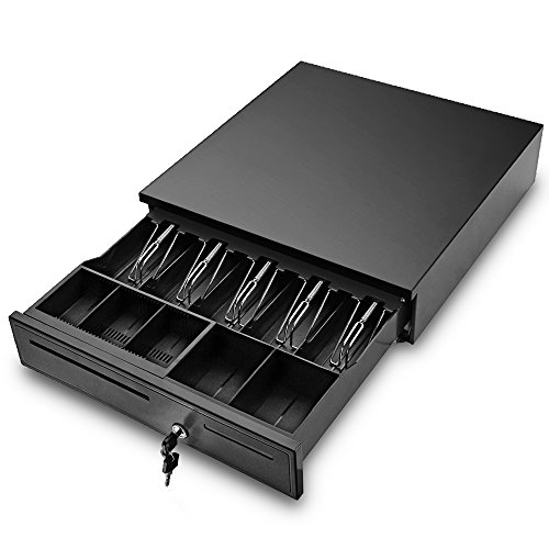 Flexzion POS Cash Register Drawer Box (Black) RJ-11 Key Lock with 5 Bills & Removable Coin Trays Compatible with Star Epson Citizen Receipt Thermal Printer for Restaurant Koisk Retail