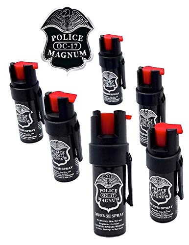 POLICE MAGNUM Pepper Spray Police Strength Self Defense OC Black Pepper Spray Set 6 Pack 0.5 oz Twist Top Pocket Clip UV Identifying Dye - Pepper Sprays Self Defense for Women Multiple Blasts 12ft