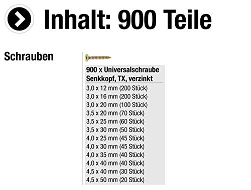 Connex Universalschrauben-Sortiment 900-teilig - Diverse Größen - Senkkopf - TX-Antrieb - Vollgewinde - Gelb verzinkt… – Bild 4