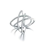 Bella Lotus Double Cross CZ Paved 18k White Gold Plated Trendy Party Rings, Size 8
