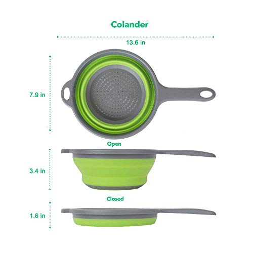 2 Pack Kitchen Foldable Silicone Strainer Colanders, Collapsible Colanders with Handles, Space-Saver Folding Strainer Colander for Draining Pasta, Vegetable (Green and Red)