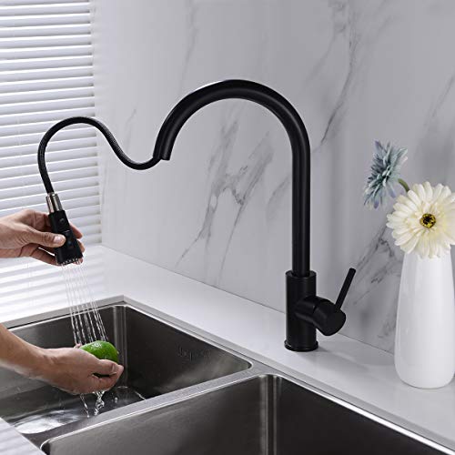 Matte Black Kitchen Sink Faucet Delle Rosa Pause Function 2 Water Mode 360 Degree Rotation Pre-rinse Pull Out Kitchen Faucet