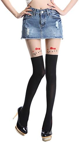 Siftantin Women's Cute Pattern Faux Thigh High Pantyhose (Kitty)