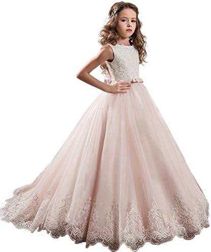 Fanyudress Ivory Sequin Long Lace Tulle Ball Gown Flower Girl Dresses Communion Gowns J001 US10 Pink