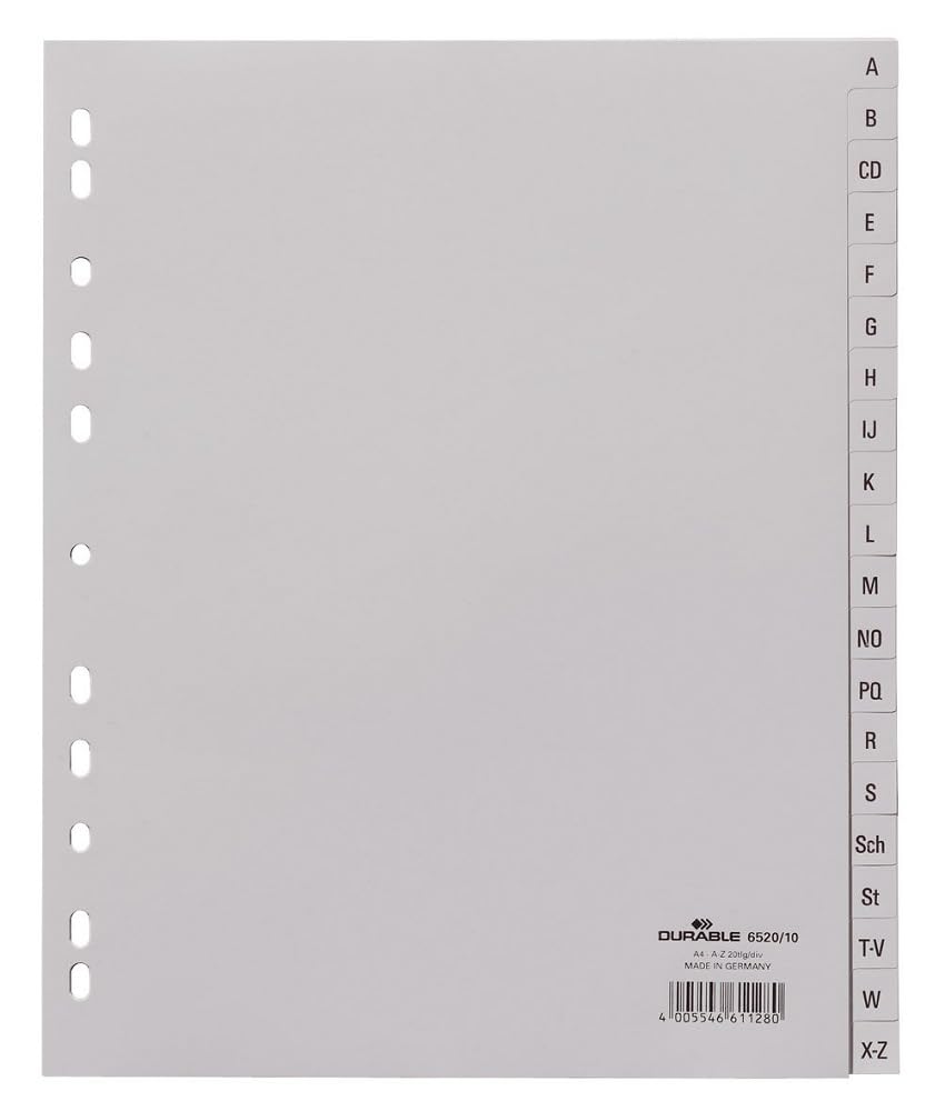 Durable 652010 A4 Portrait Polypropylene A-Z Index File with Printed Tabs and 20 Divisions - Grey (Pack of 20) — image 1